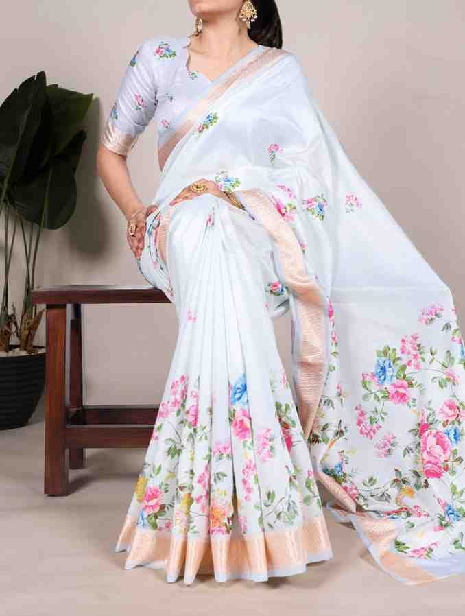 Floral White Tasar Silk Saree with Viscose Border